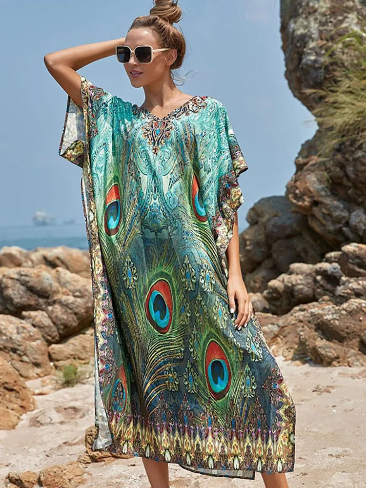 Boho Maxi Beach Robe with Vibrant Print