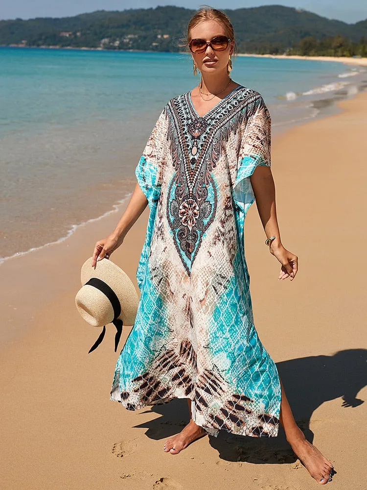 Boho Maxi Beach Robe with Vibrant Print