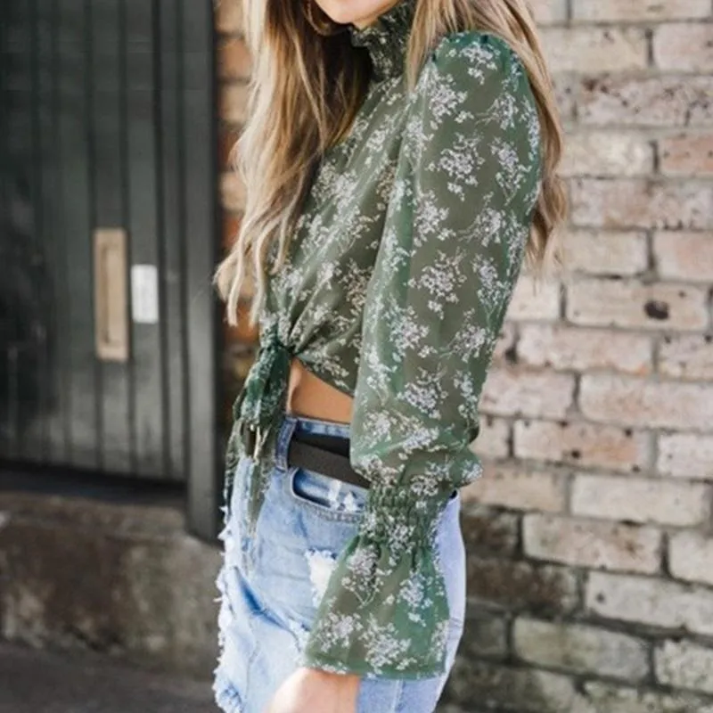 Bow Tie Flare Sleeve Thin Blouse