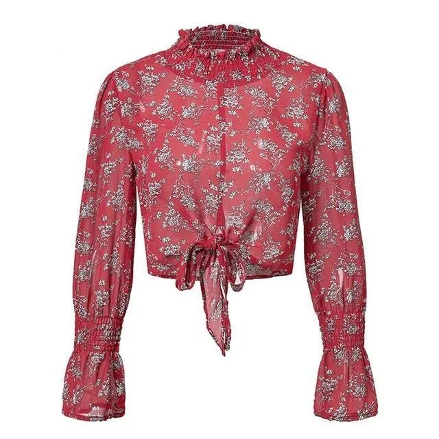 Bow Tie Flare Sleeve Thin Blouse