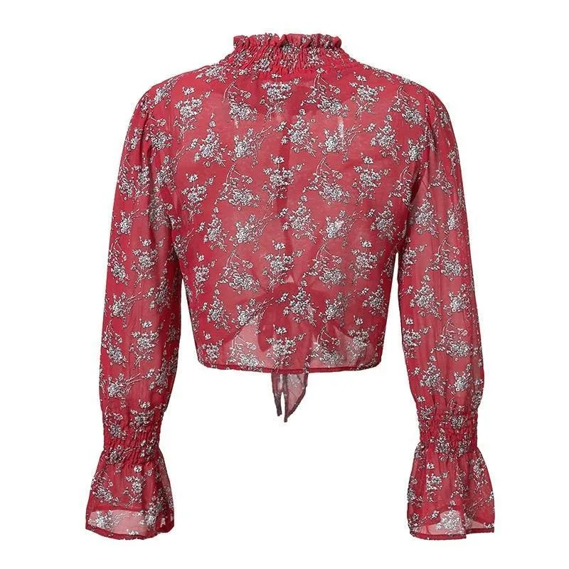Bow Tie Flare Sleeve Thin Blouse