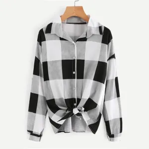 Bow Tie Plaid Turn-Down Collar Shirt