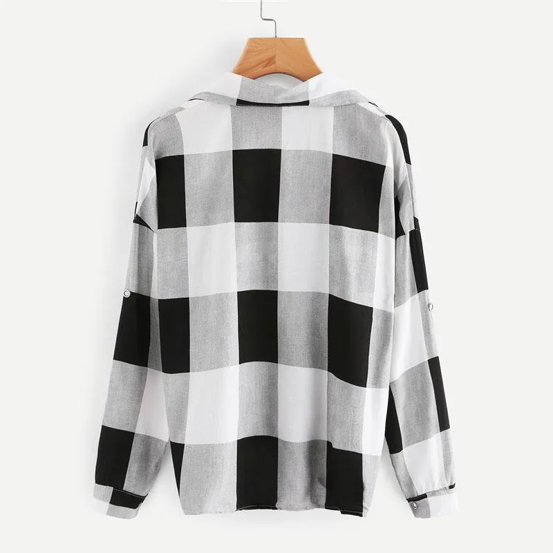 Bow Tie Plaid Turn-Down Collar Shirt