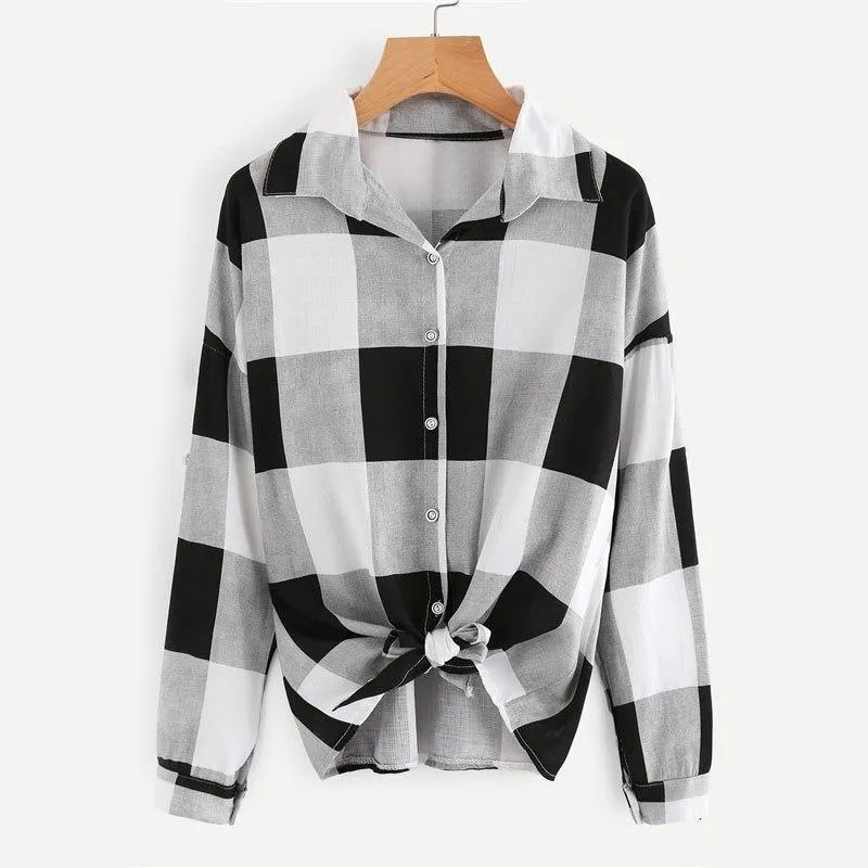 Bow Tie Plaid Turn-Down Collar Shirt