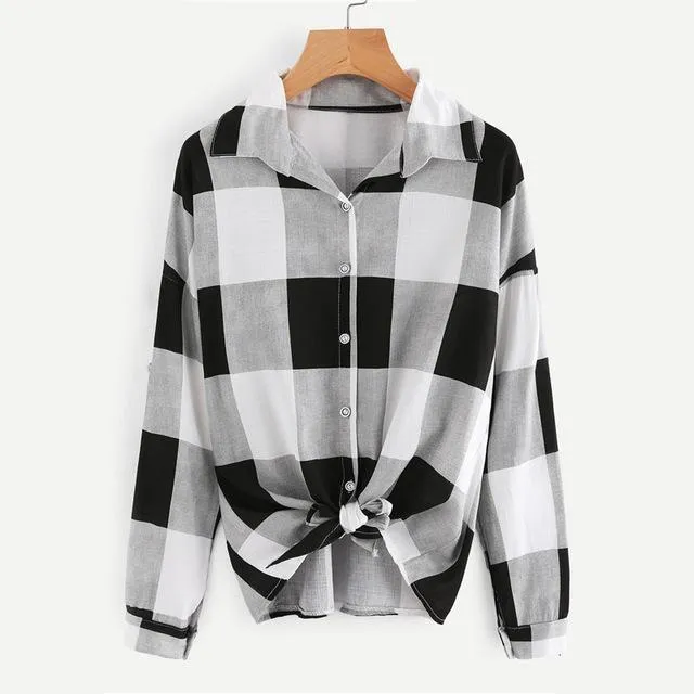 Bow Tie Plaid Turn-Down Collar Shirt