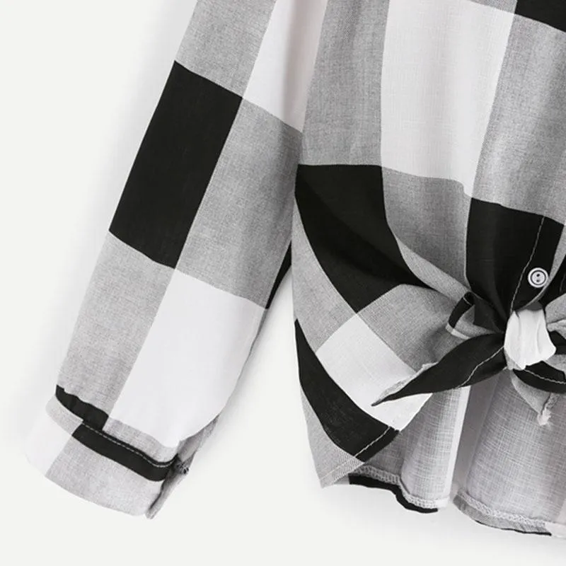 Bow Tie Plaid Turn-Down Collar Shirt