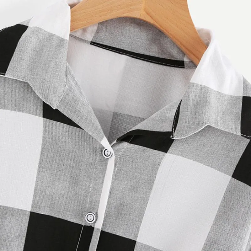 Bow Tie Plaid Turn-Down Collar Shirt