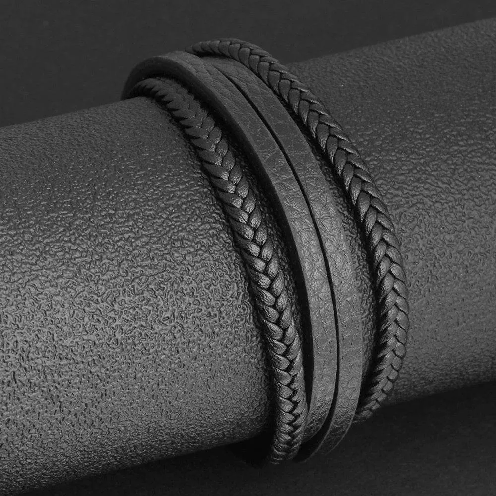 Bracelets & Bangles Men Stainless Steel Leather Bracelets Braided Rope Magnetic Clasp Male Bangles Jewelry New