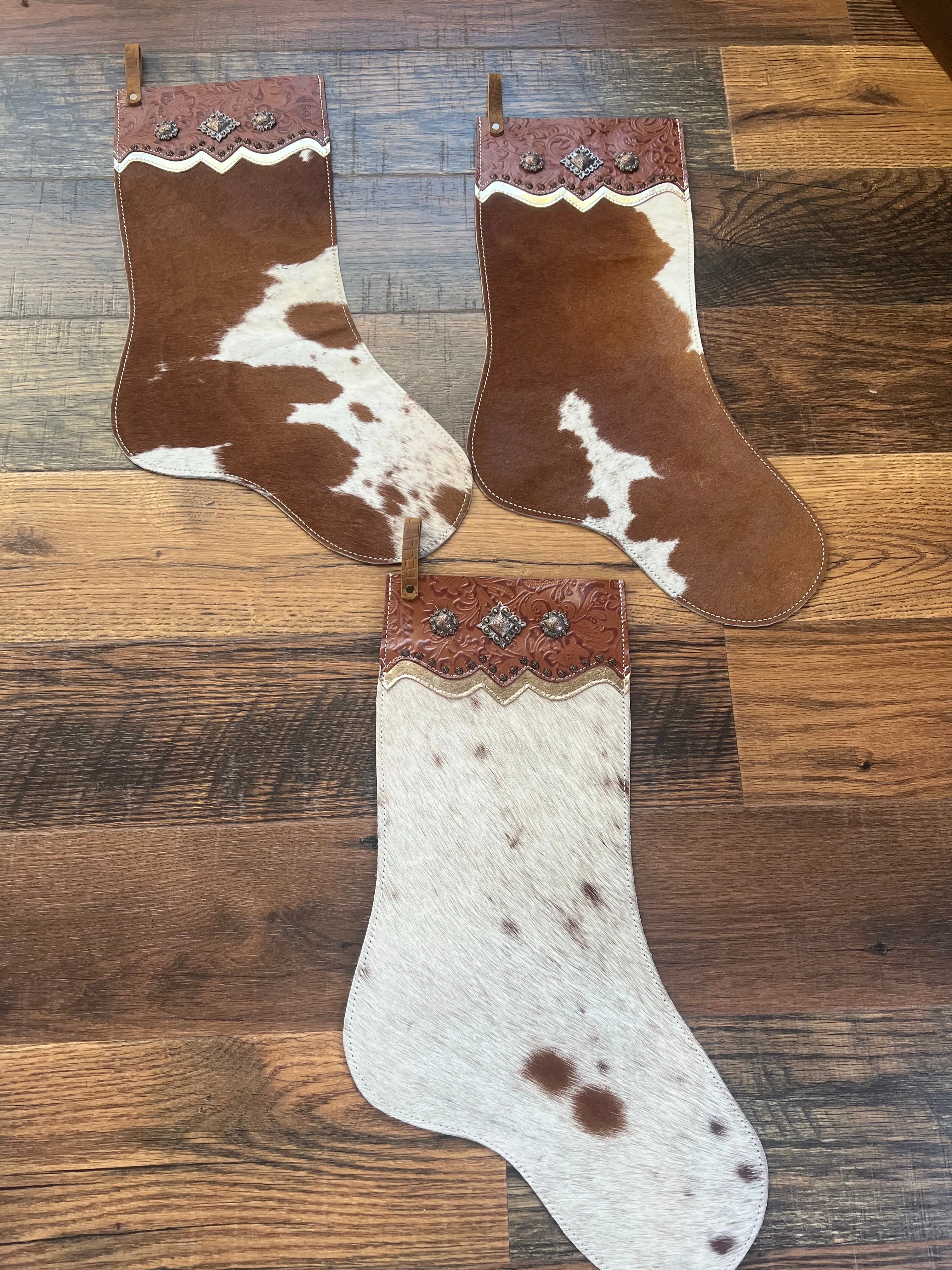 Brown and White Cowhide Christmas Stocking - Tooled Cuff