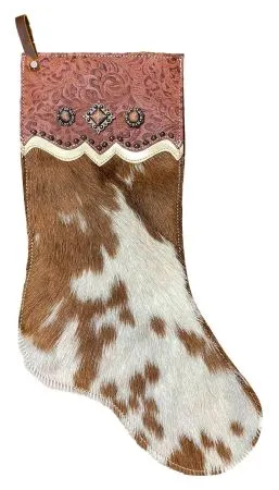 Brown and White Cowhide Christmas Stocking - Tooled Cuff