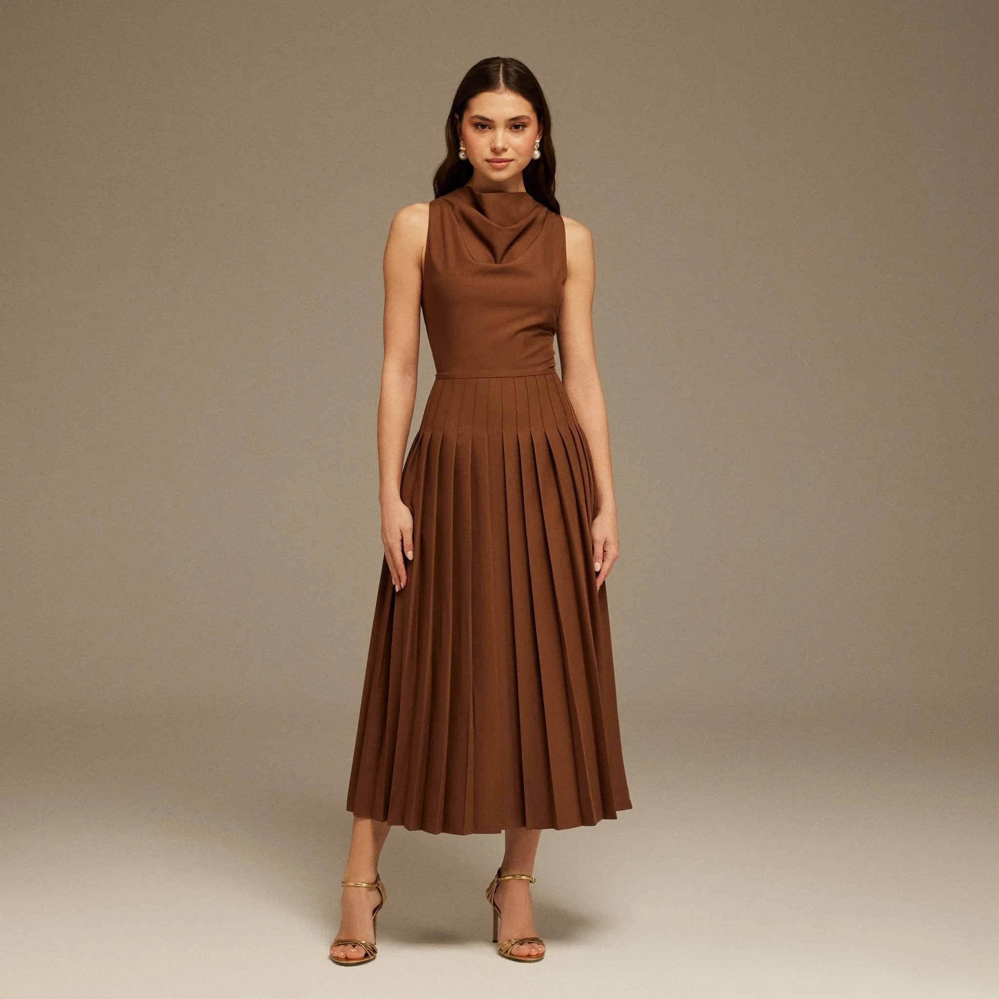 Brown Drape Halter Neck Maxi Dress