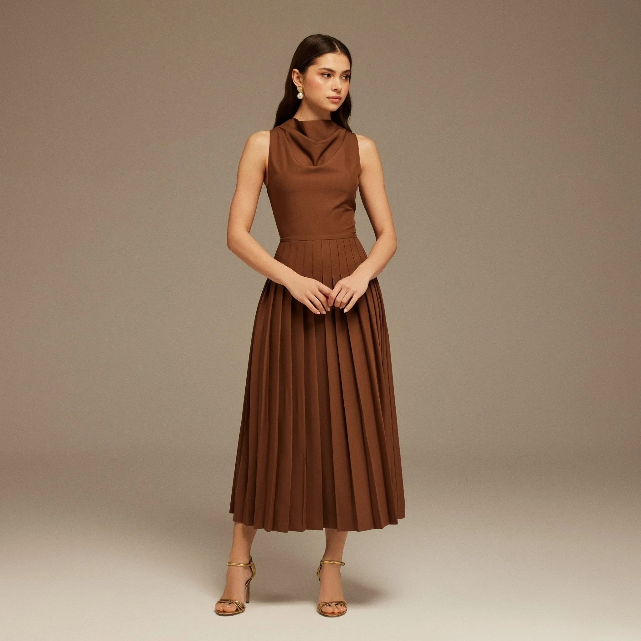 Brown Drape Halter Neck Maxi Dress