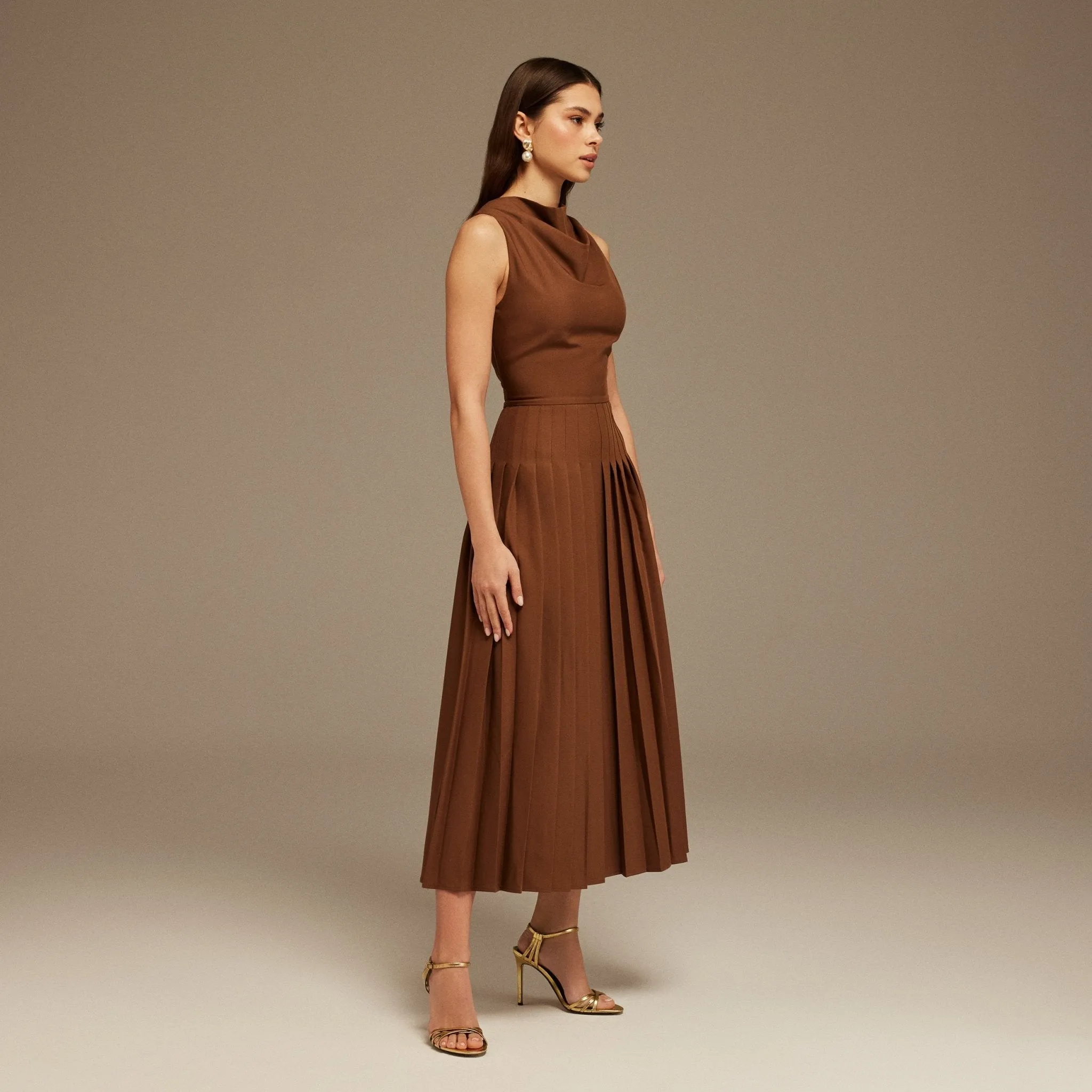 Brown Drape Halter Neck Maxi Dress