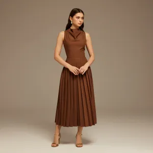 Brown Drape Halter Neck Maxi Dress