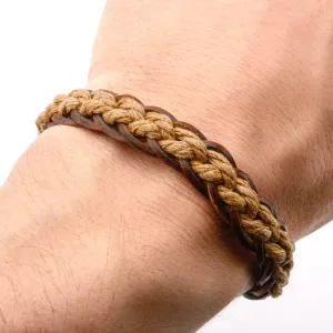 Brown Woven and Threaded Leather Bracelet with Steel Clasp