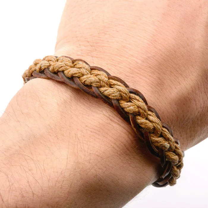 Brown Woven and Threaded Leather Bracelet with Steel Clasp