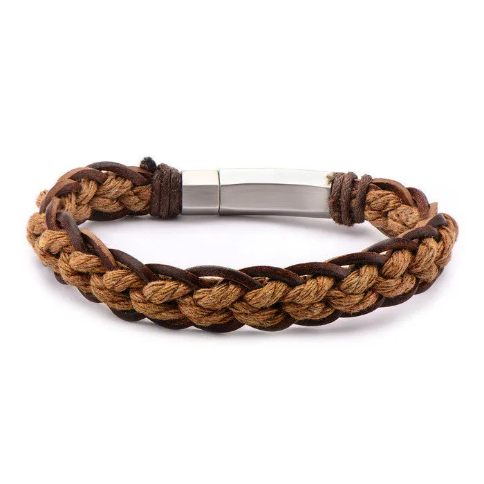 Brown Woven and Threaded Leather Bracelet with Steel Clasp