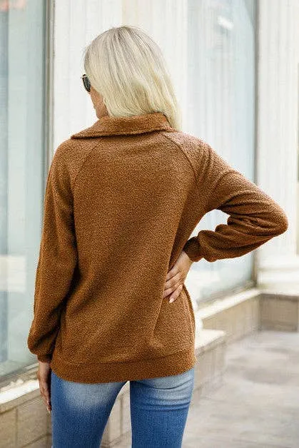 Brown Zipper Fuzzy Long Sleeves Top