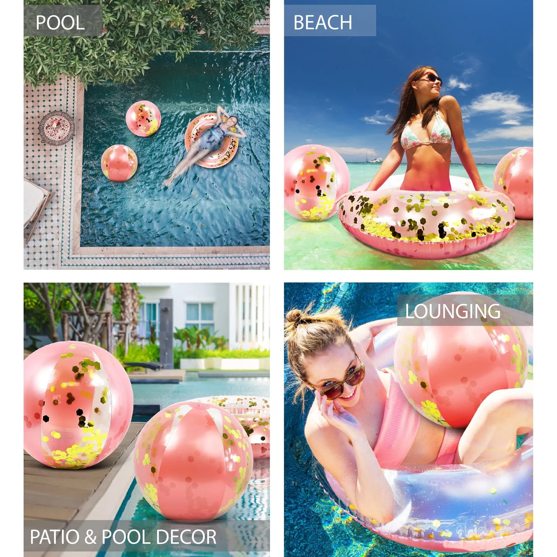 Bundle of Inflatable Rose Gold Pool Float Tube and Beach Balls37 X