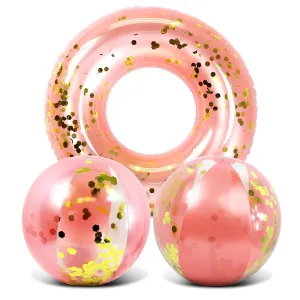 Bundle of Inflatable Rose Gold Pool Float Tube and Beach Balls37 X