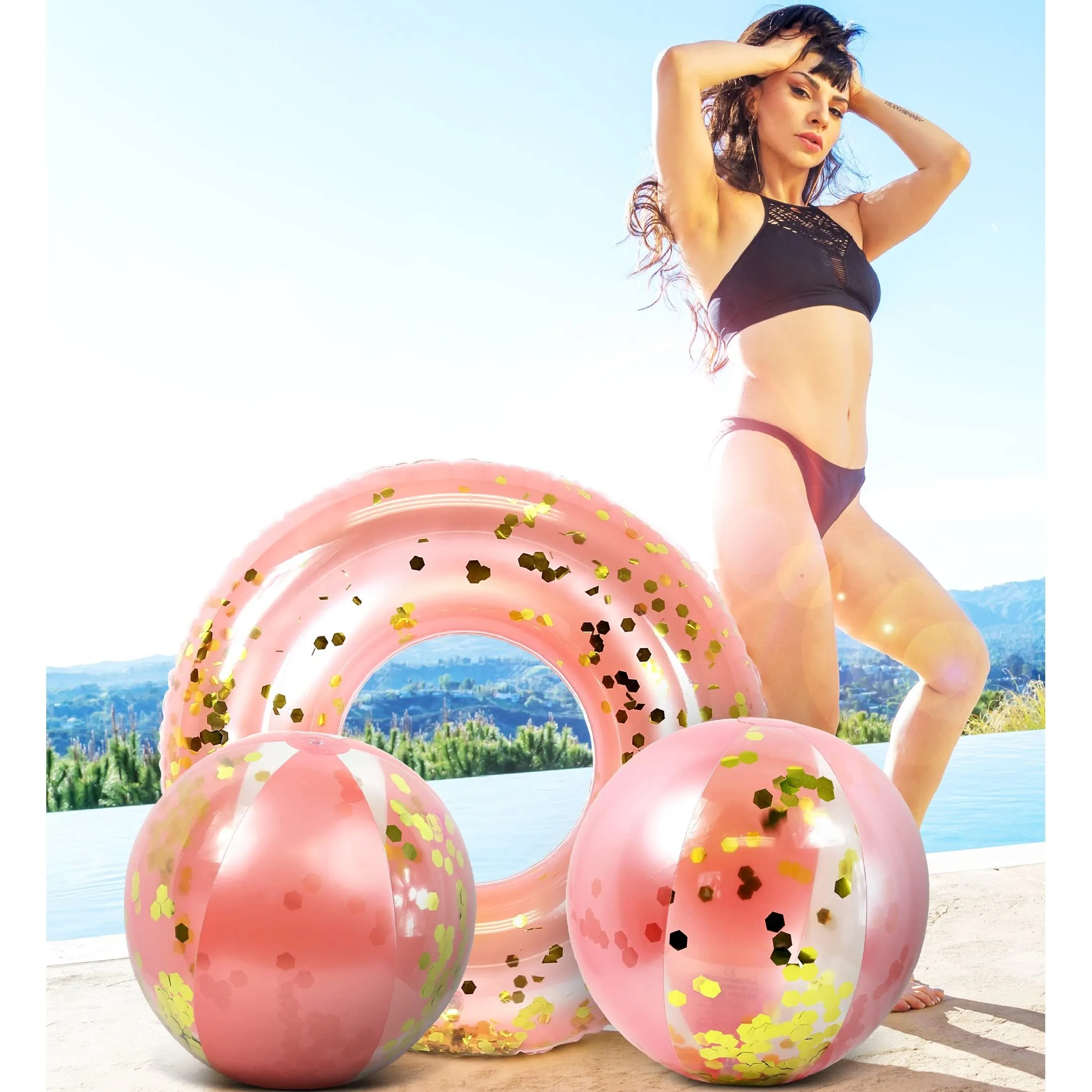 Bundle of Inflatable Rose Gold Pool Float Tube and Beach Balls37 X