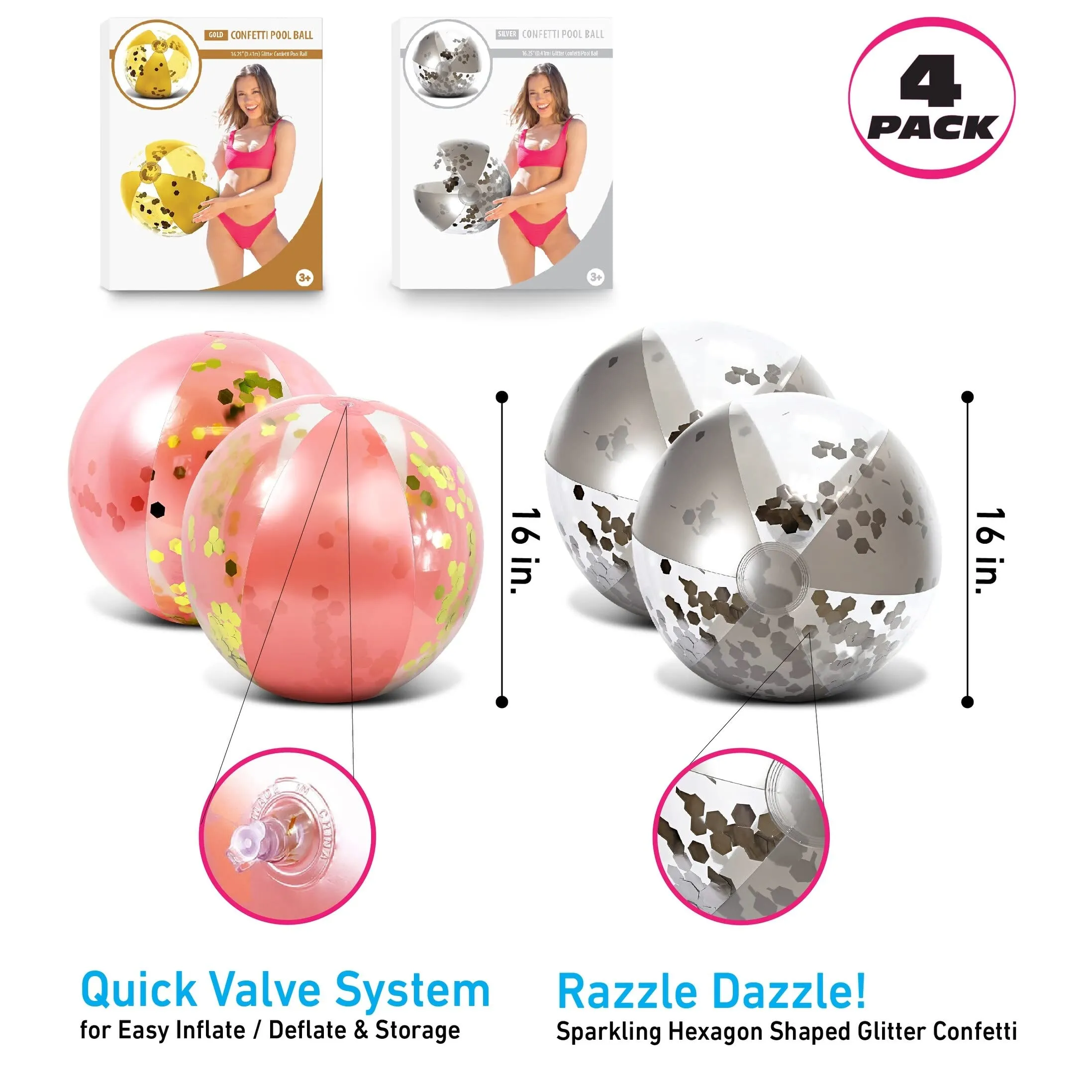 Bundle of Silver and Rose Gold Inflatable Beach Balls 16 Inch Inches