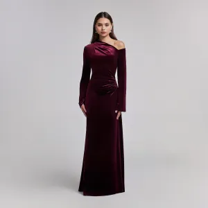 Burgundy Velvet Bare Shoulder Maxi Dress