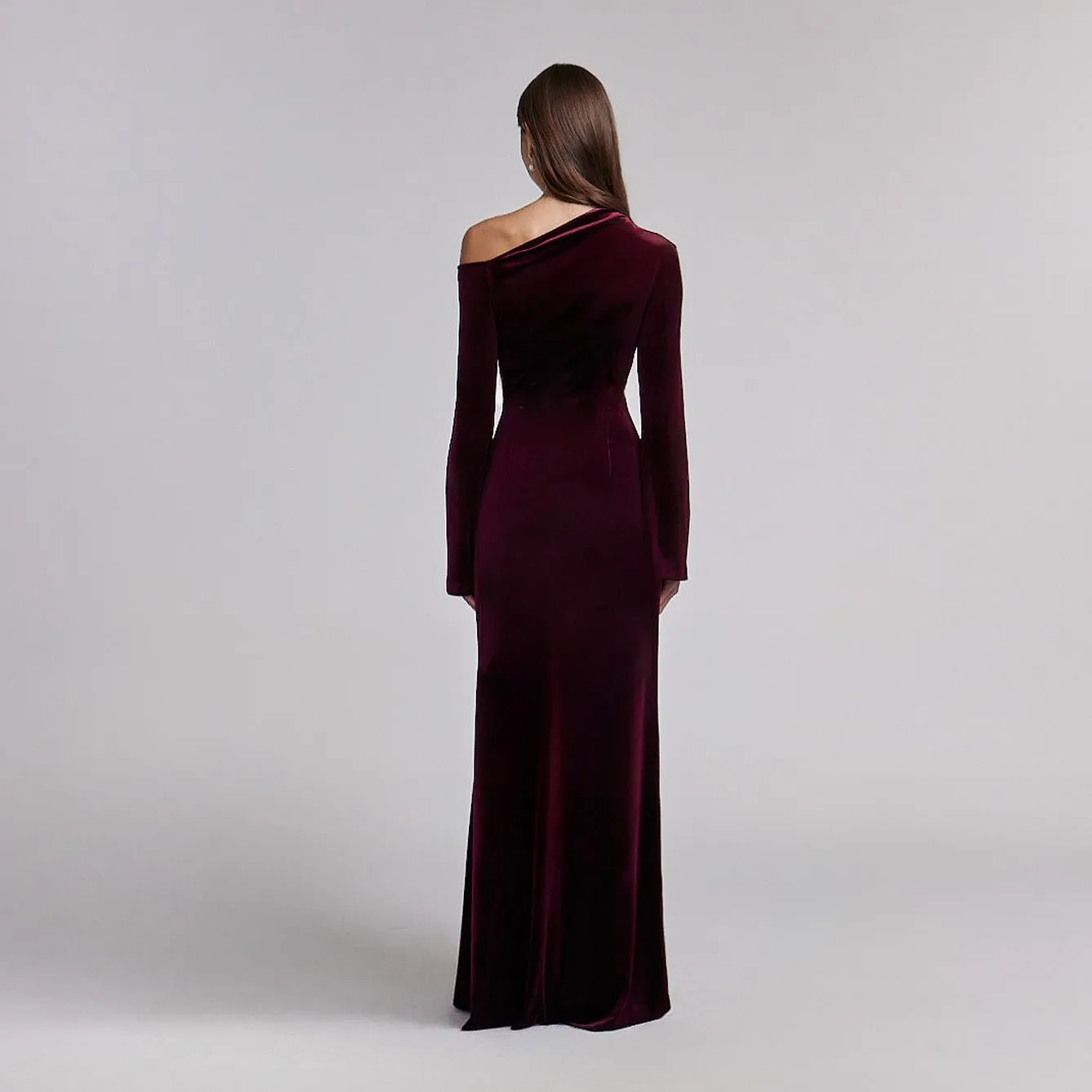Burgundy Velvet Bare Shoulder Maxi Dress
