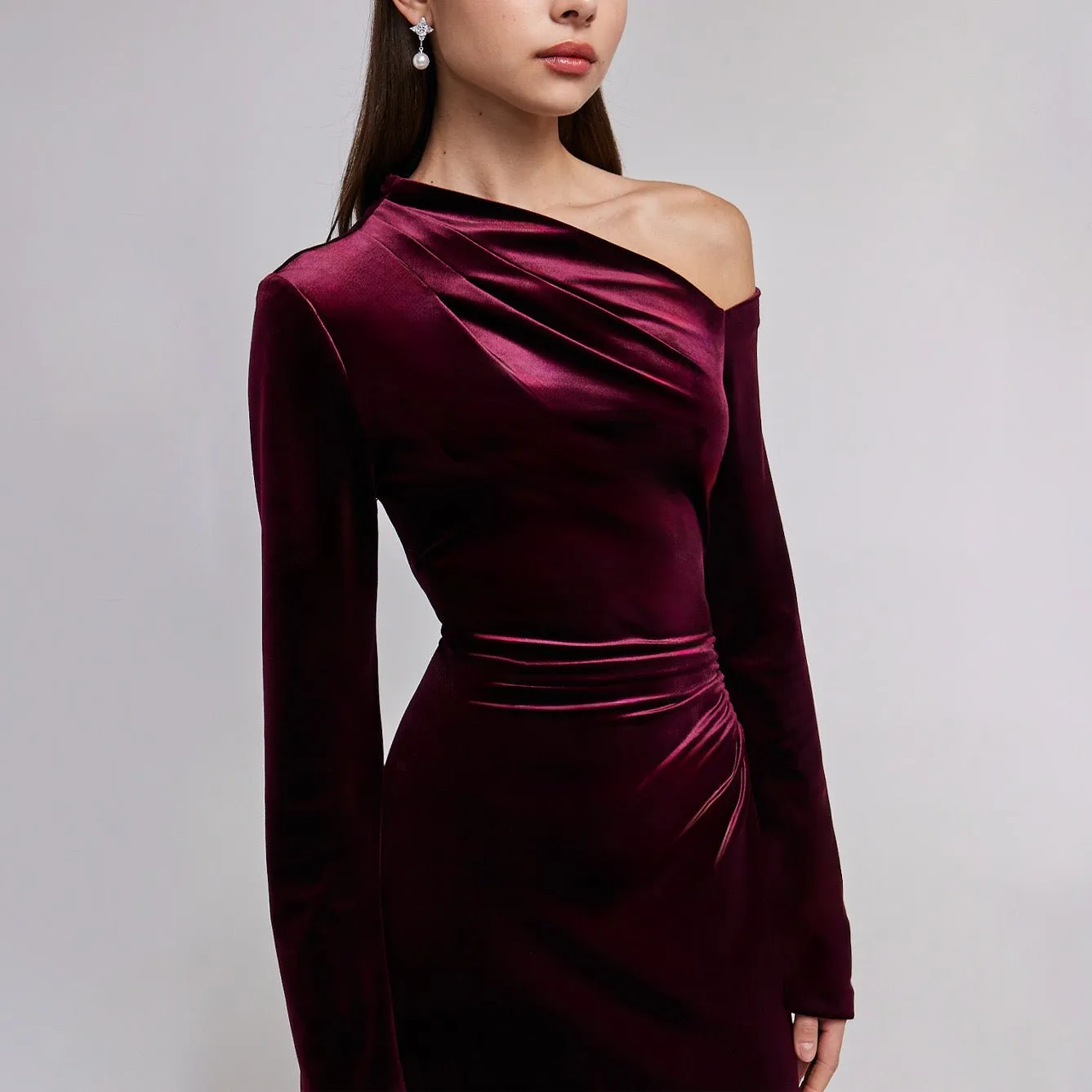 Burgundy Velvet Bare Shoulder Maxi Dress