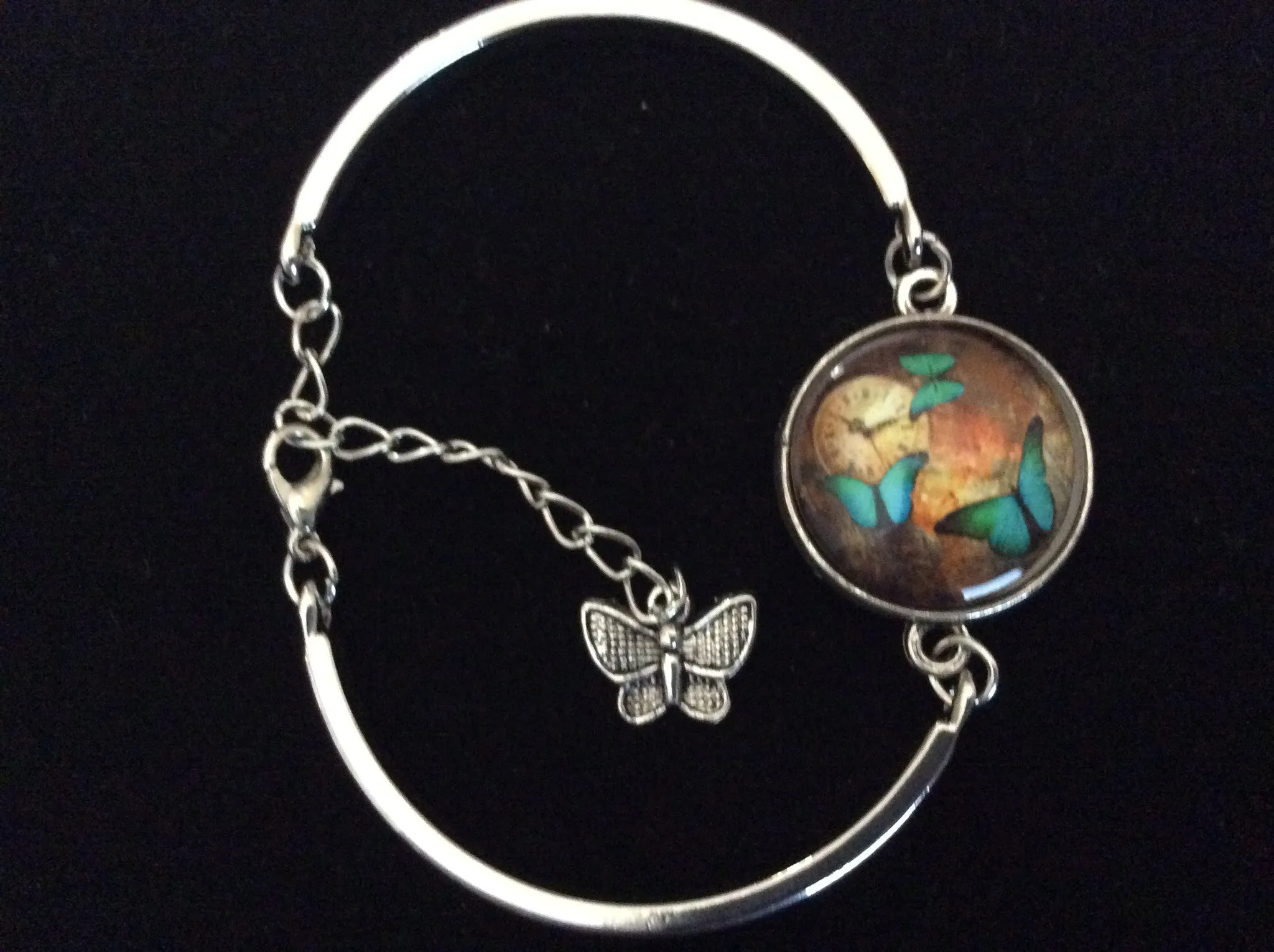 Butterfly Watch Glass Domed Charm on a Silver Adjustable Cuff Bracelet Bangle Trendy Gift Meaningful Stacking Time Clock