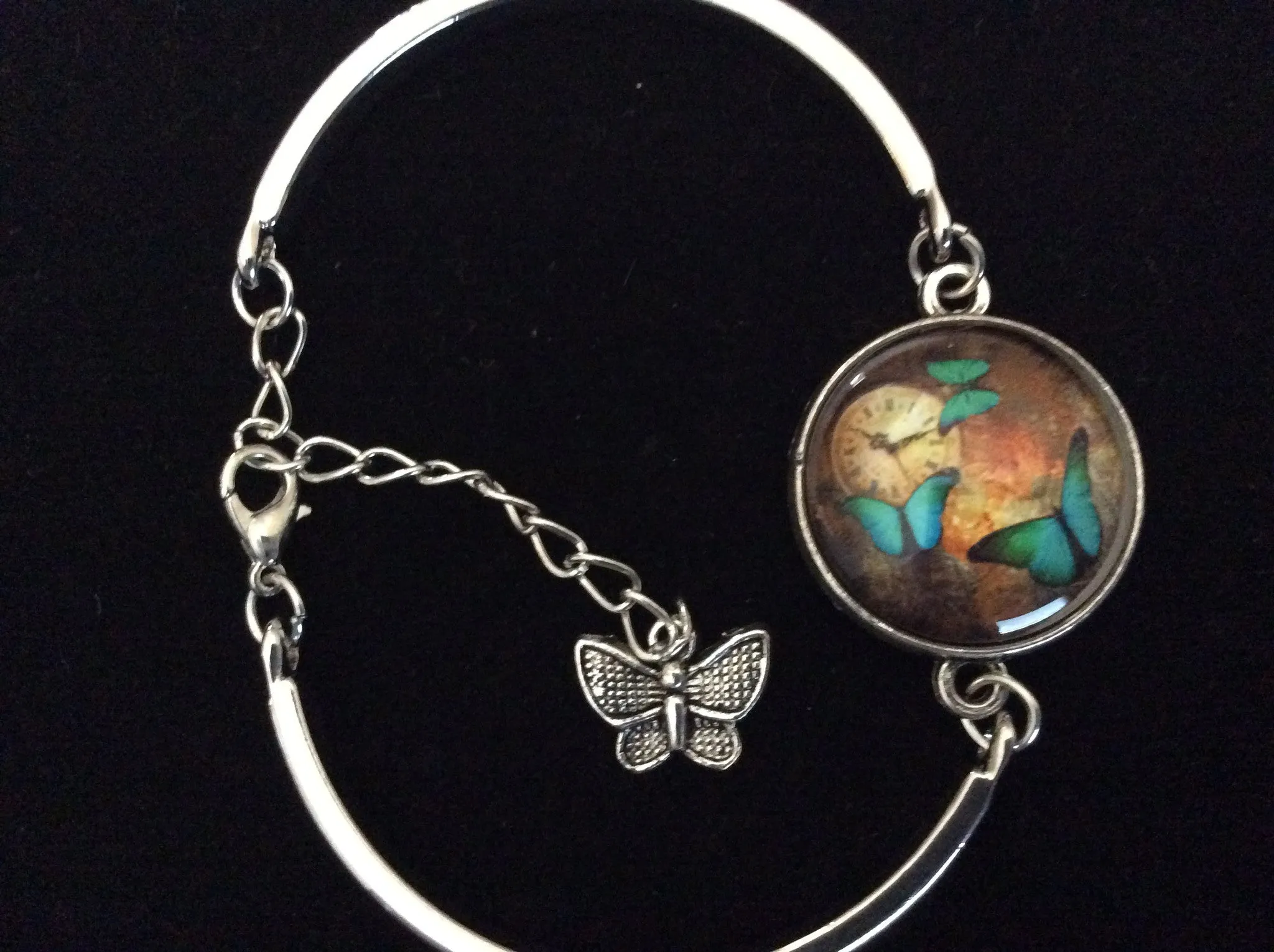 Butterfly Watch Glass Domed Charm on a Silver Adjustable Cuff Bracelet Bangle Trendy Gift Meaningful Stacking Time Clock