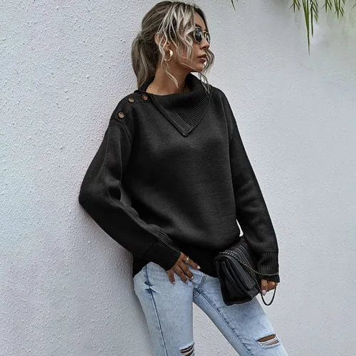 Button Shoulder High Neck Knitted Pullover Sweater