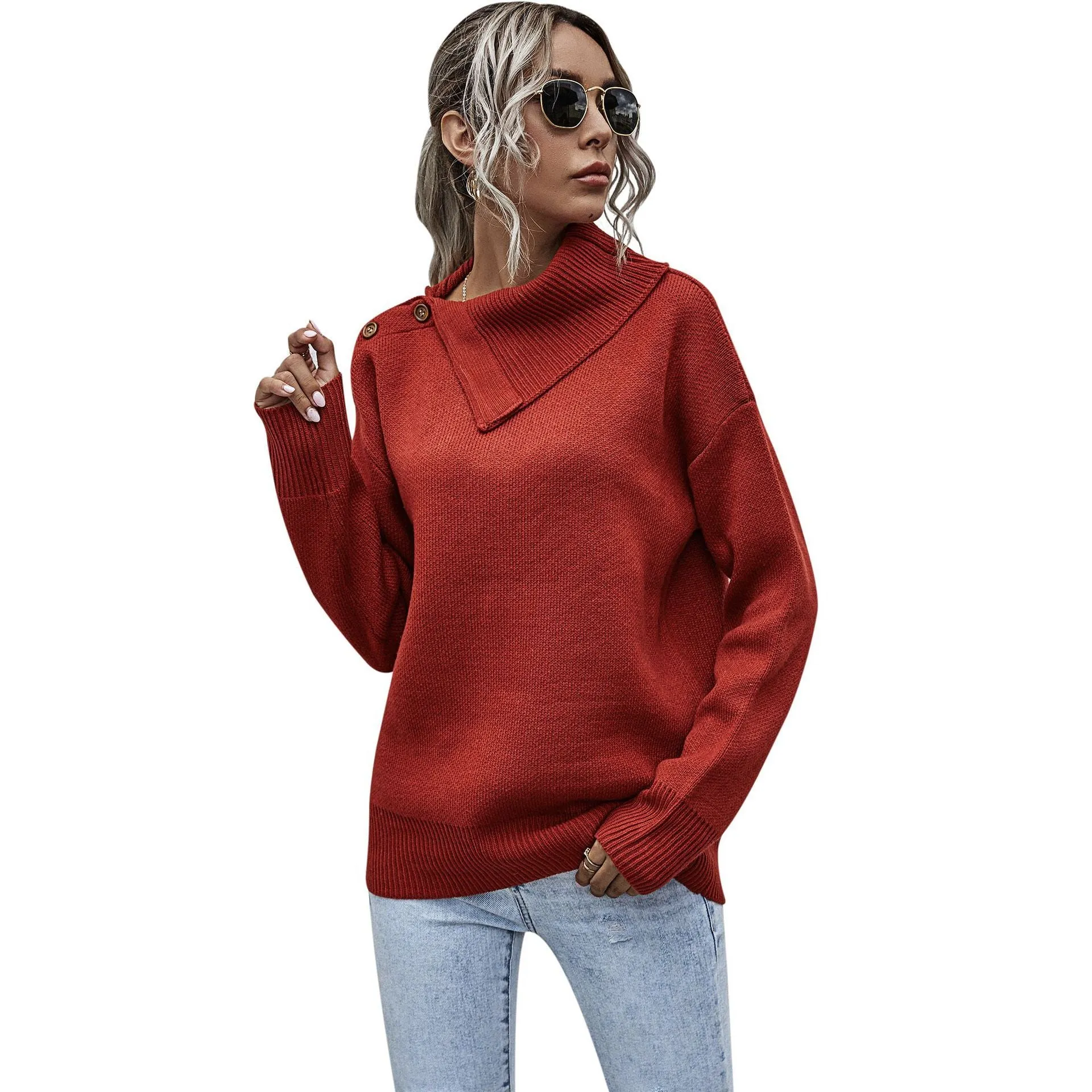 Button Shoulder High Neck Knitted Pullover Sweater
