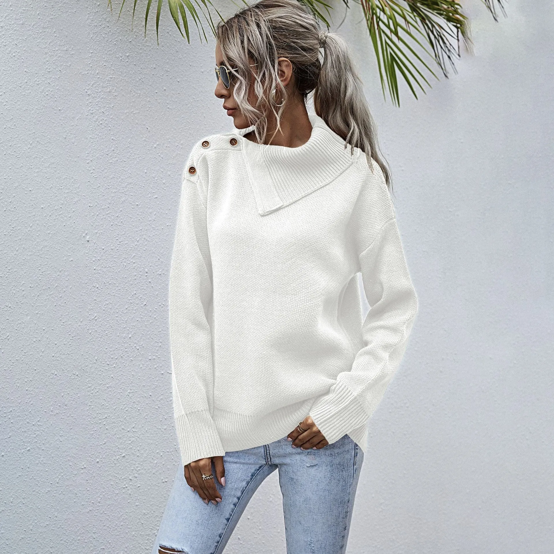 Button Shoulder High Neck Knitted Pullover Sweater