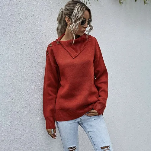 Button Shoulder High Neck Knitted Pullover Sweater