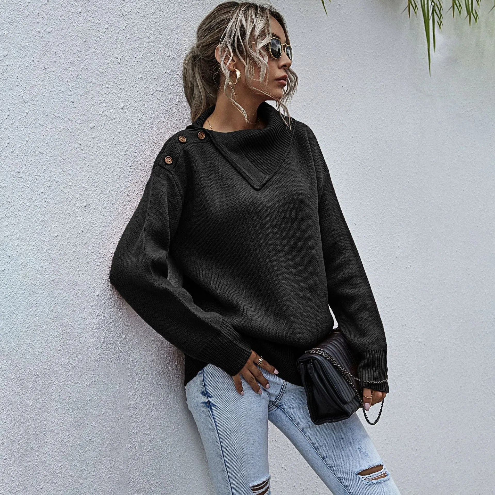 Button Shoulder High Neck Knitted Pullover Sweater