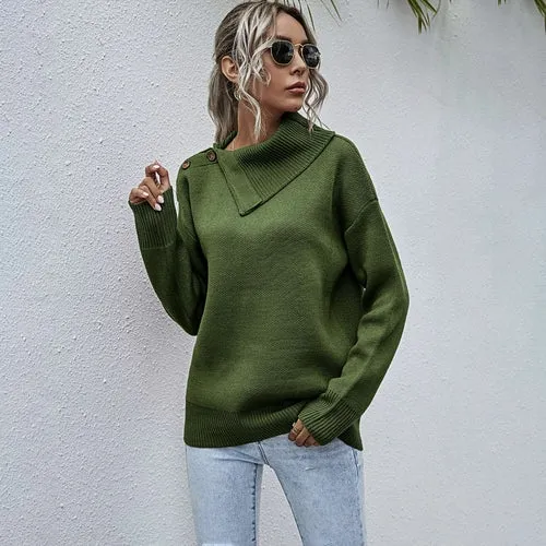 Button Shoulder High Neck Knitted Pullover Sweater