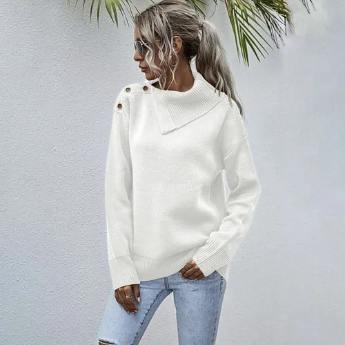 Button Shoulder High Neck Knitted Pullover Sweater