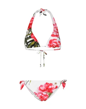 Carnation-print padded triangle bikini