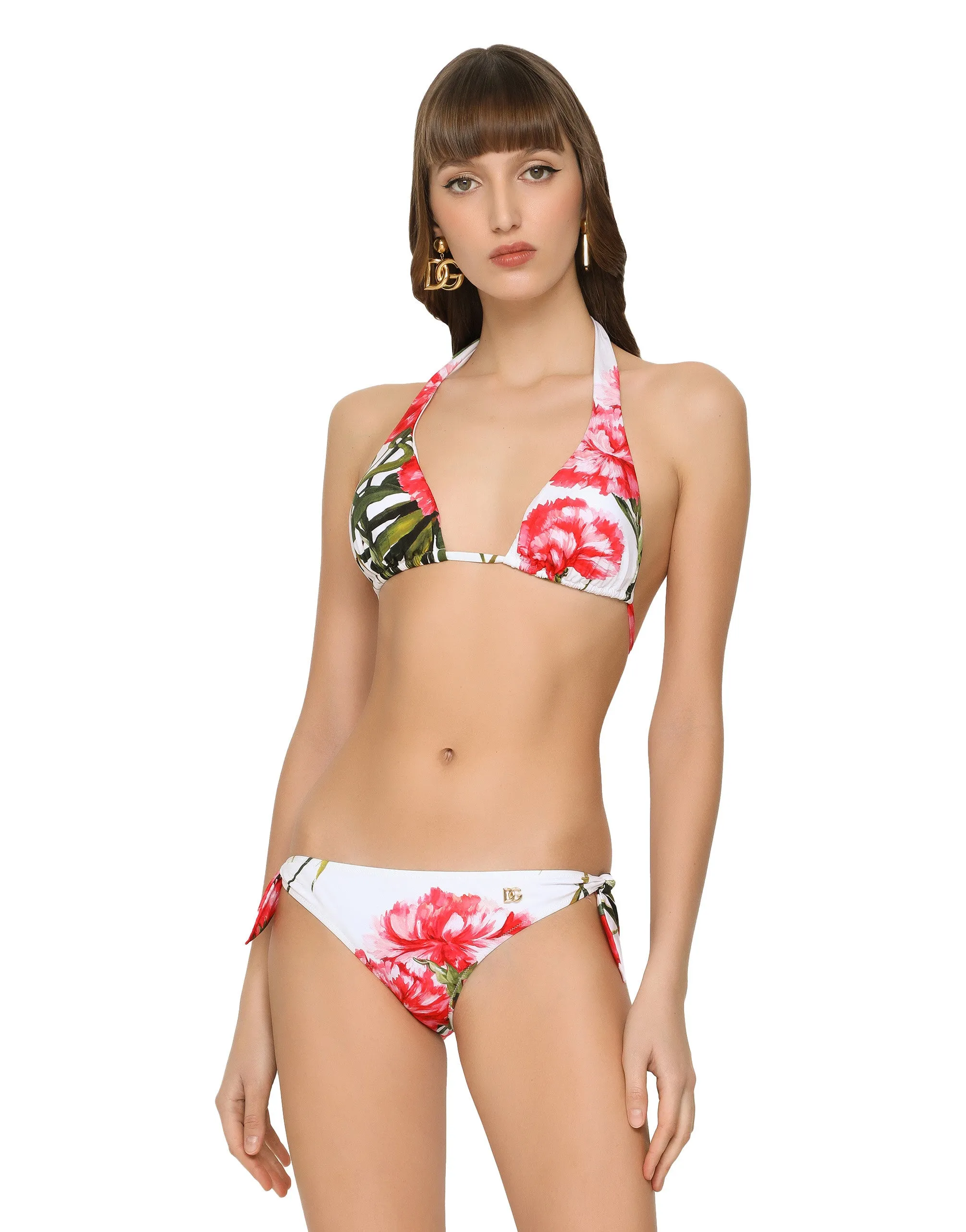 Carnation-print padded triangle bikini