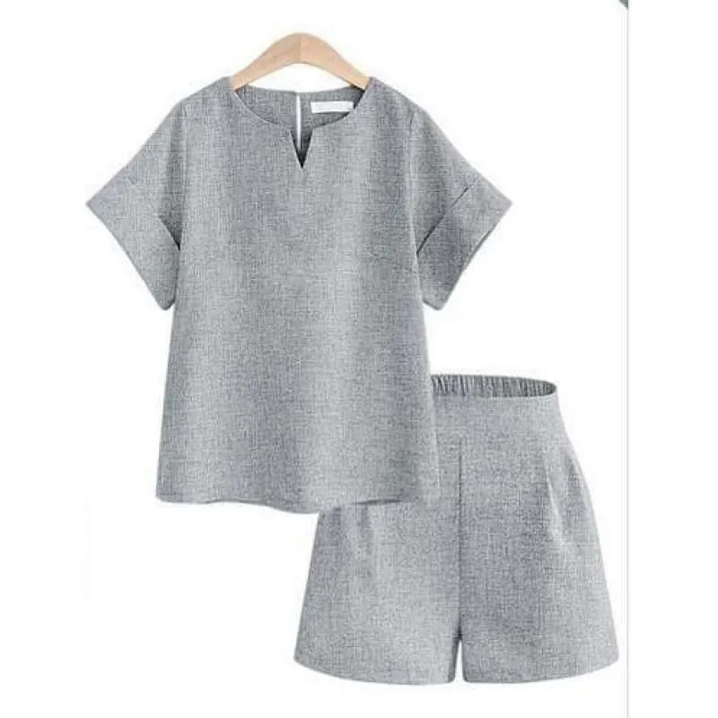 Casual Cotton Linen Two Piece Sets Women Summer V-Neck Short Sleeve Suits