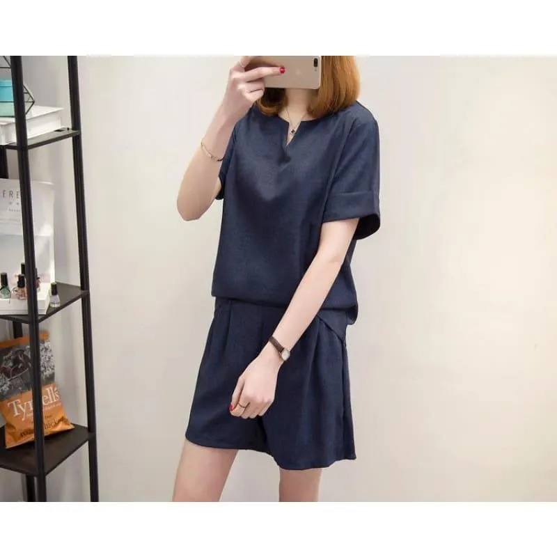 Casual Cotton Linen Two Piece Sets Women Summer V-Neck Short Sleeve Suits