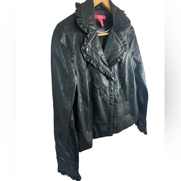 Catherine Malandrino Black Faux Leather Ruffle Trim Jacket