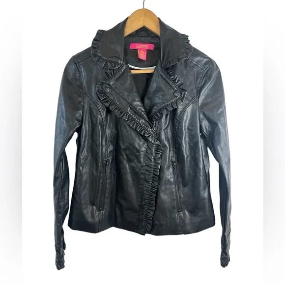 Catherine Malandrino Black Faux Leather Ruffle Trim Jacket