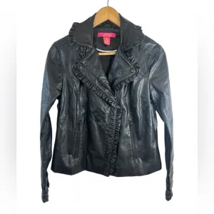 Catherine Malandrino Black Faux Leather Ruffle Trim Jacket