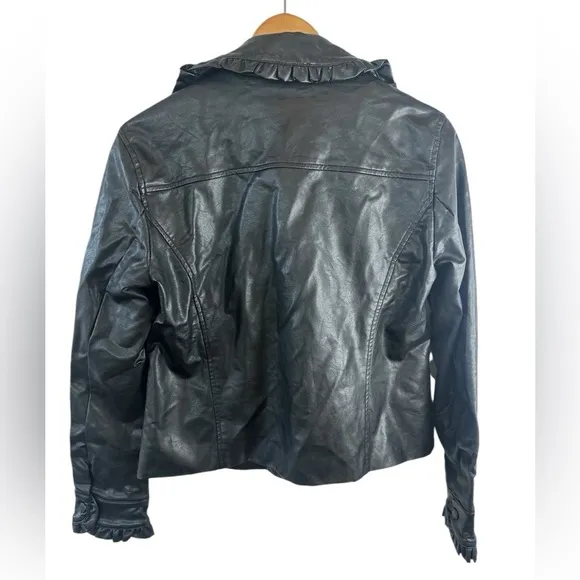 Catherine Malandrino Black Faux Leather Ruffle Trim Jacket