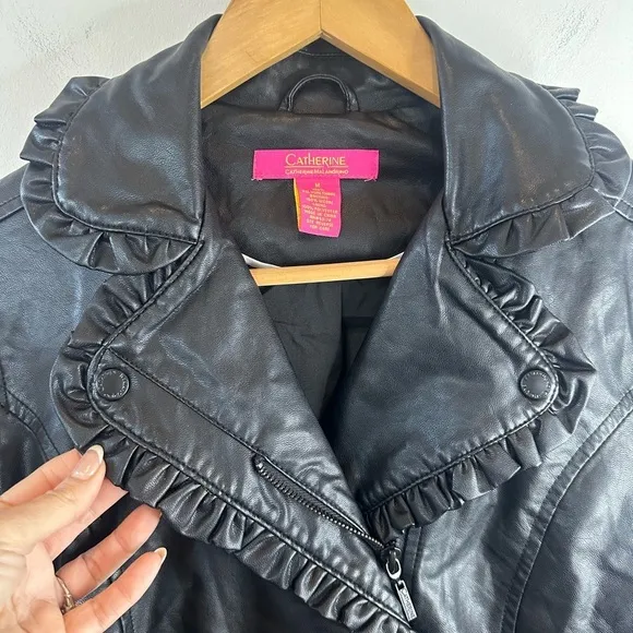 Catherine Malandrino Black Faux Leather Ruffle Trim Jacket