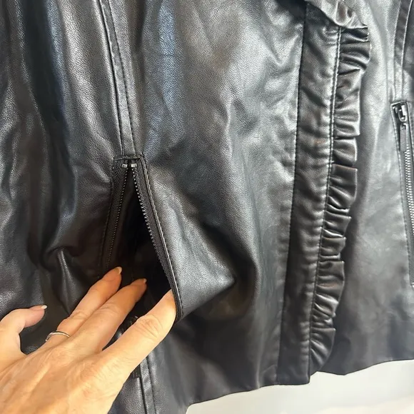 Catherine Malandrino Black Faux Leather Ruffle Trim Jacket