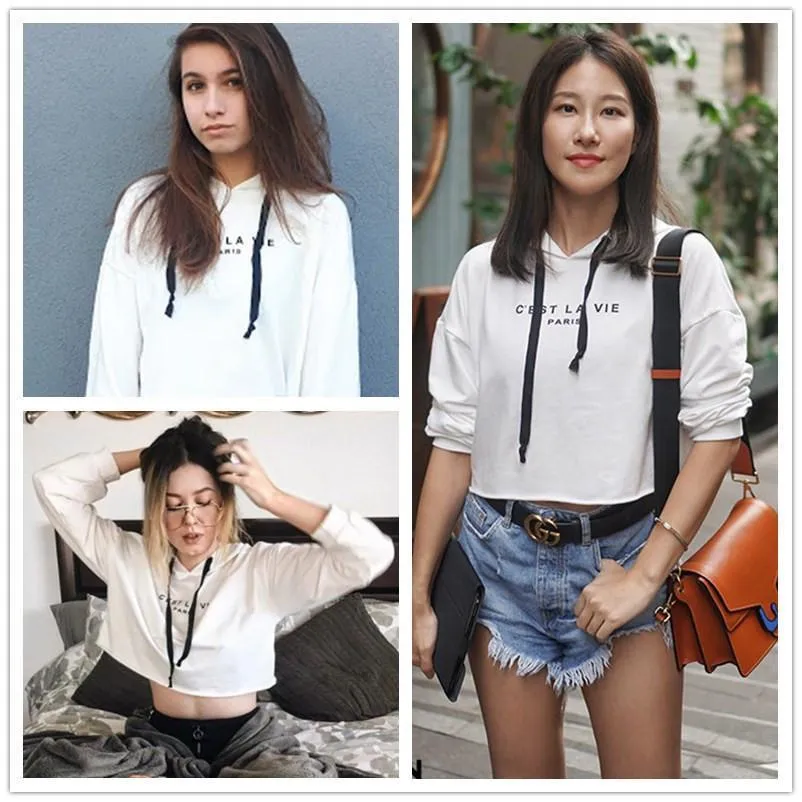 'C'EST LA VIE' Solid Crop Hoodie