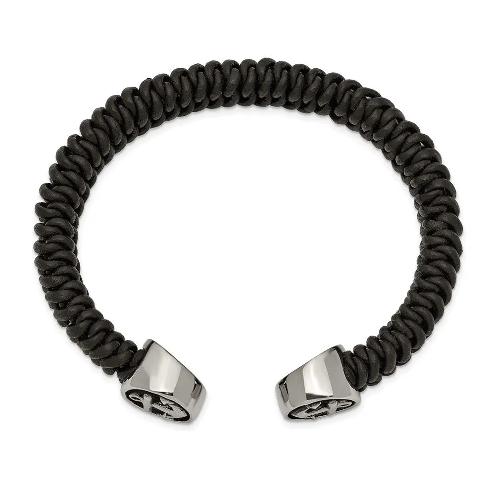 Chisel Stainless Steel Antiqued and Polished Black Leather Anchor Cuff Bangle